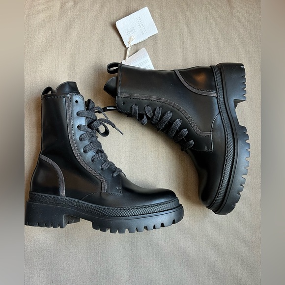 Brunello Cucinelli Black Leather Combat Boots with monili size 37.5 - Picture 2 of 10